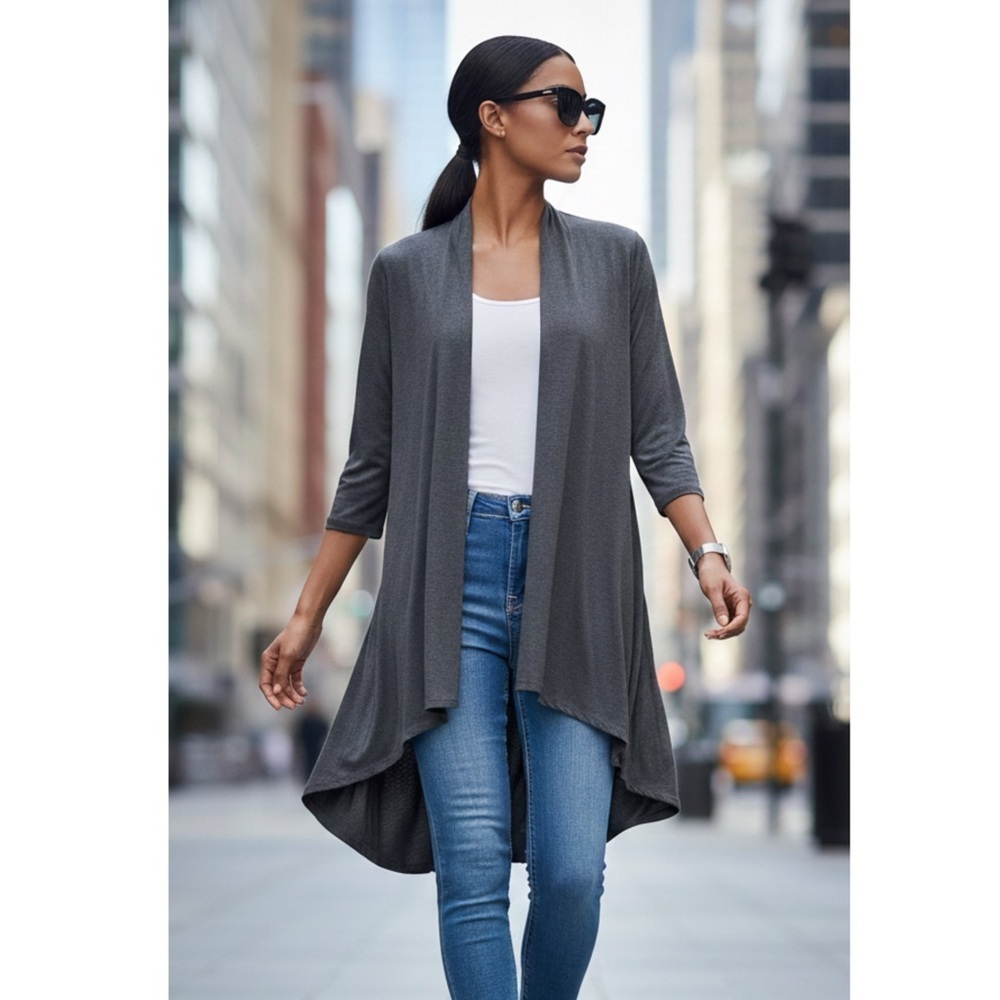 ReneeC. Bamboo Cardigan XL Charcoal Gray High Low Open Front Duster Made in USA